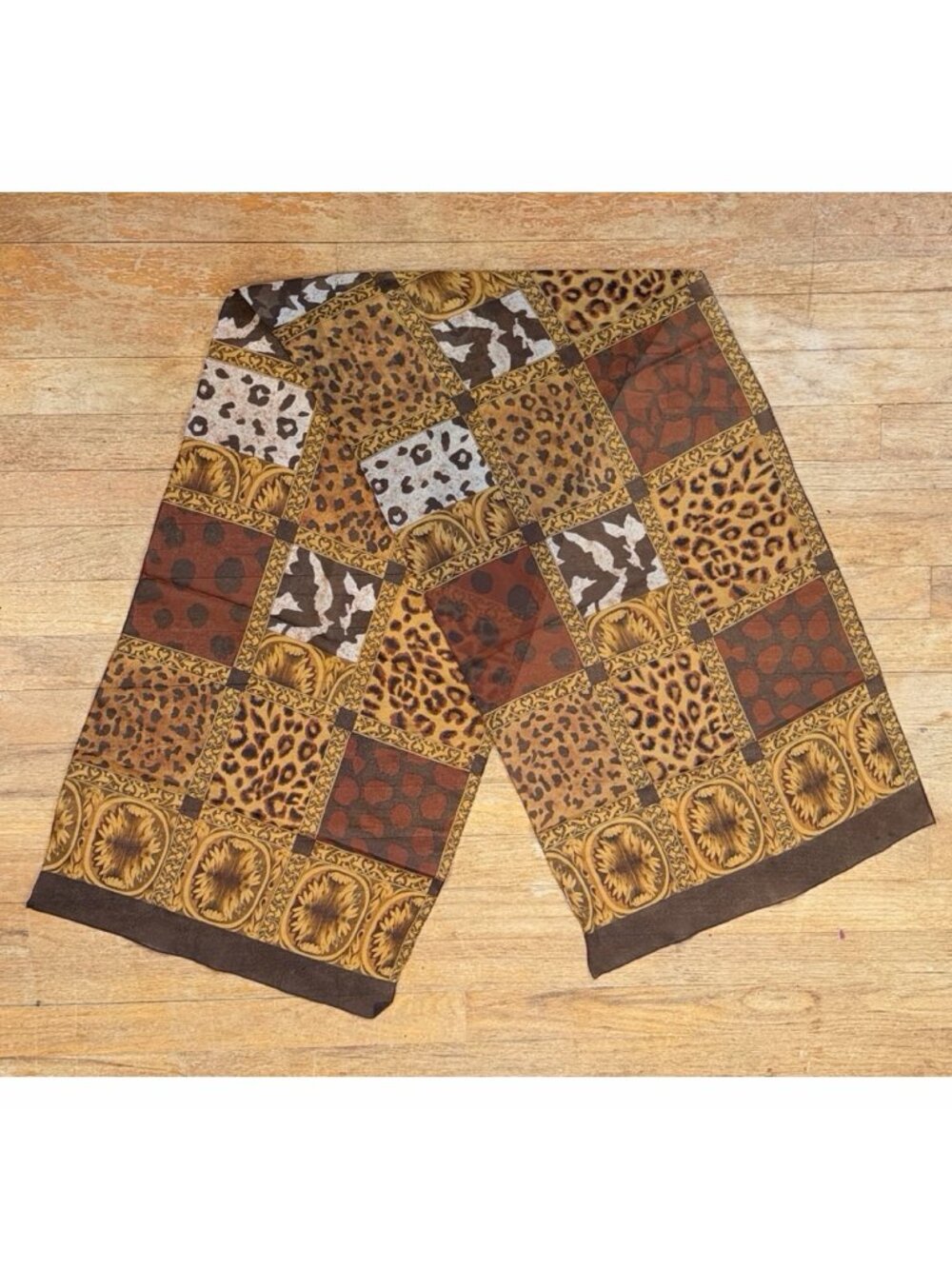 Vintage Patchwork Animal Print Scarf 90s Oblong Sheer Brown Leopard Filigree  Co